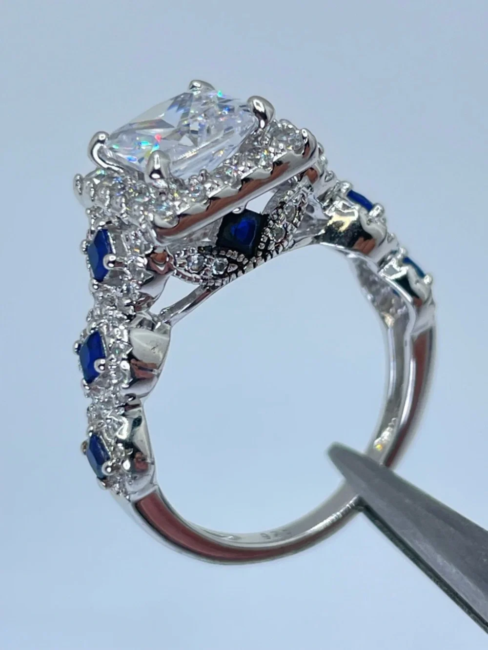 925 Sterling Silver Cushion Cut Diamond Sapphire R3 Band Wedding Ring‎ Set 5